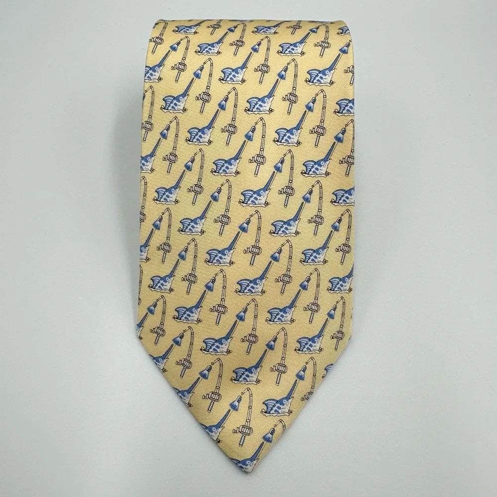 Southern‎ Tide Mens Silk Tie Yellow Marlin Fishing Rod Novelty Print 3.25in